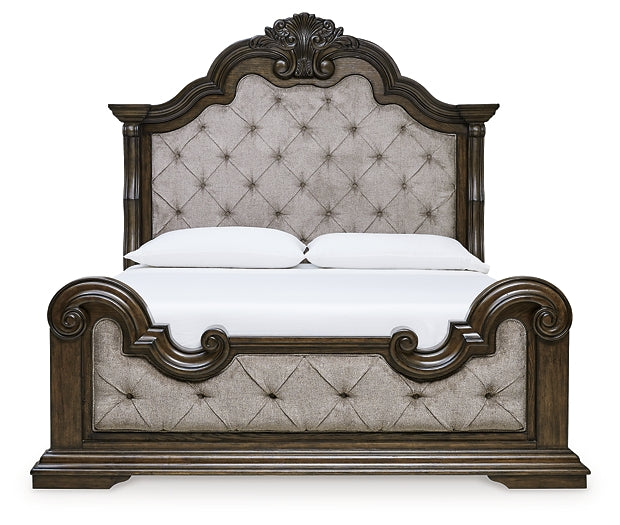 Maylee  Upholstered Bed With Mirrored Dresser And Chest