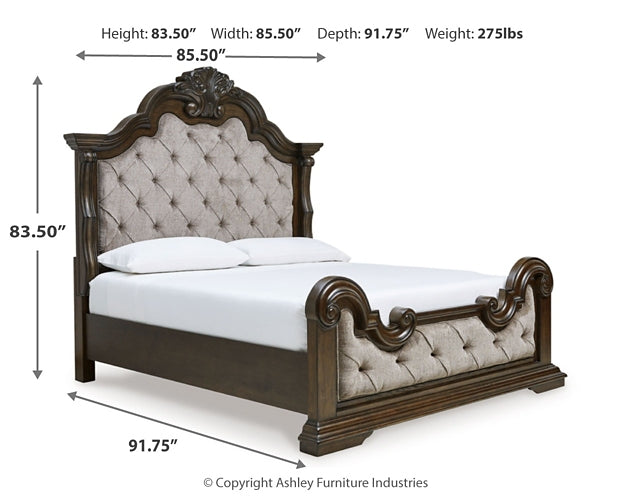 Maylee  Upholstered Bed With Mirrored Dresser And Chest