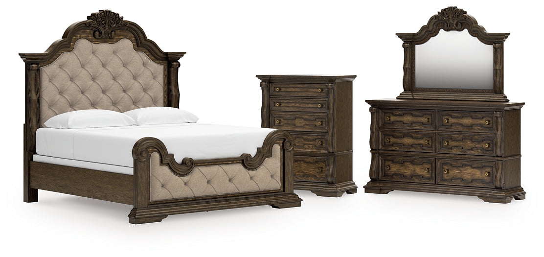 Maylee  Upholstered Bed With Mirrored Dresser And Chest