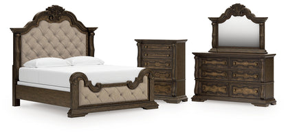 Maylee  Upholstered Bed With Mirrored Dresser And Chest