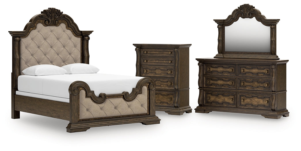 Maylee  Upholstered Bed With Mirrored Dresser And Chest