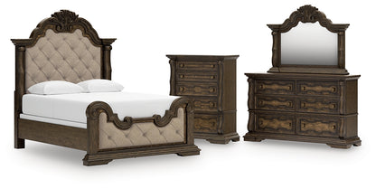 Maylee  Upholstered Bed With Mirrored Dresser And Chest