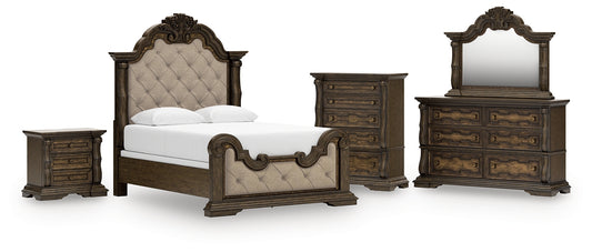 Maylee  Upholstered Bed With Mirrored Dresser, Chest And Nightstand