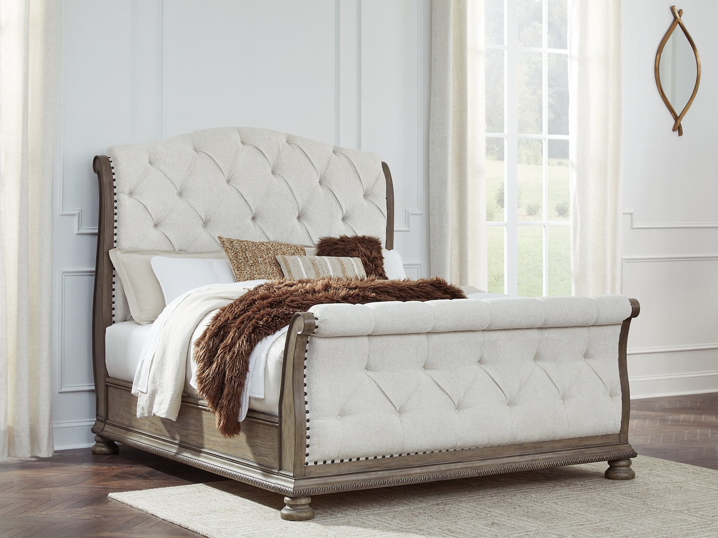 Ardenfield  Upholstered Sleigh Bed With Mirrored Dresser And Nightstand