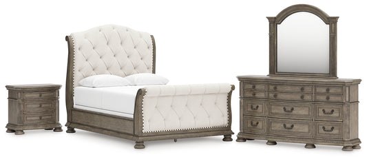 Ardenfield  Upholstered Sleigh Bed With Mirrored Dresser And Nightstand