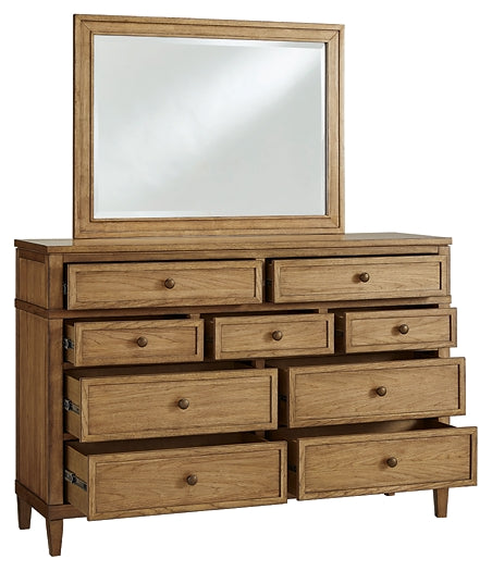 Sharlance  Upholstered Panel Bed With Mirrored Dresser And Chest