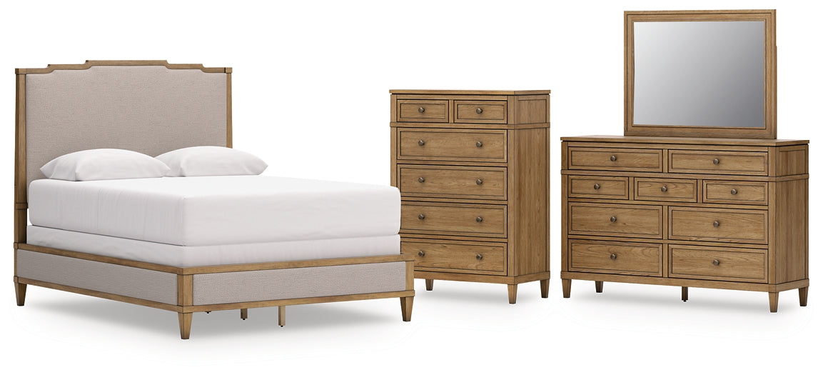 Sharlance  Upholstered Panel Bed With Mirrored Dresser And Chest