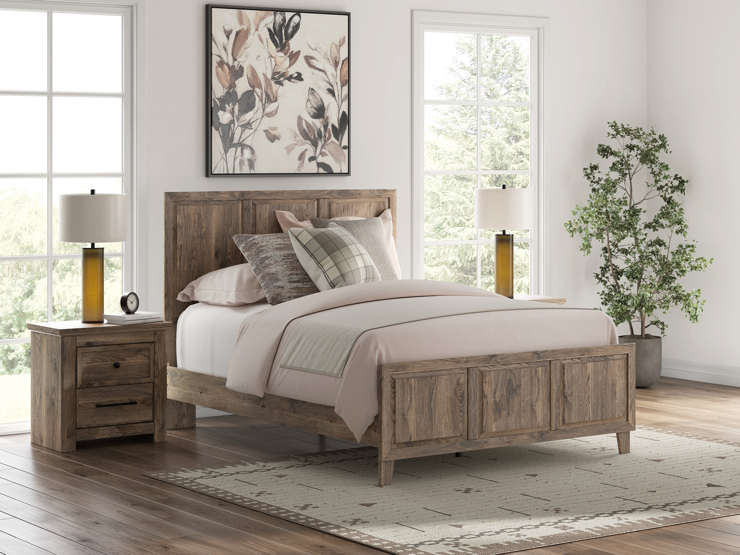 Rusticott  Panel Bed With Mirrored Dresser And Nightstand