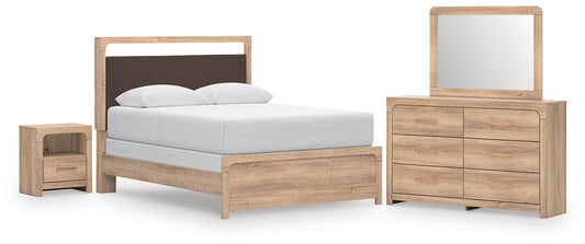 Kinlanni  Upholstered Panel Bed, Dresser, Mirror And Nightstand