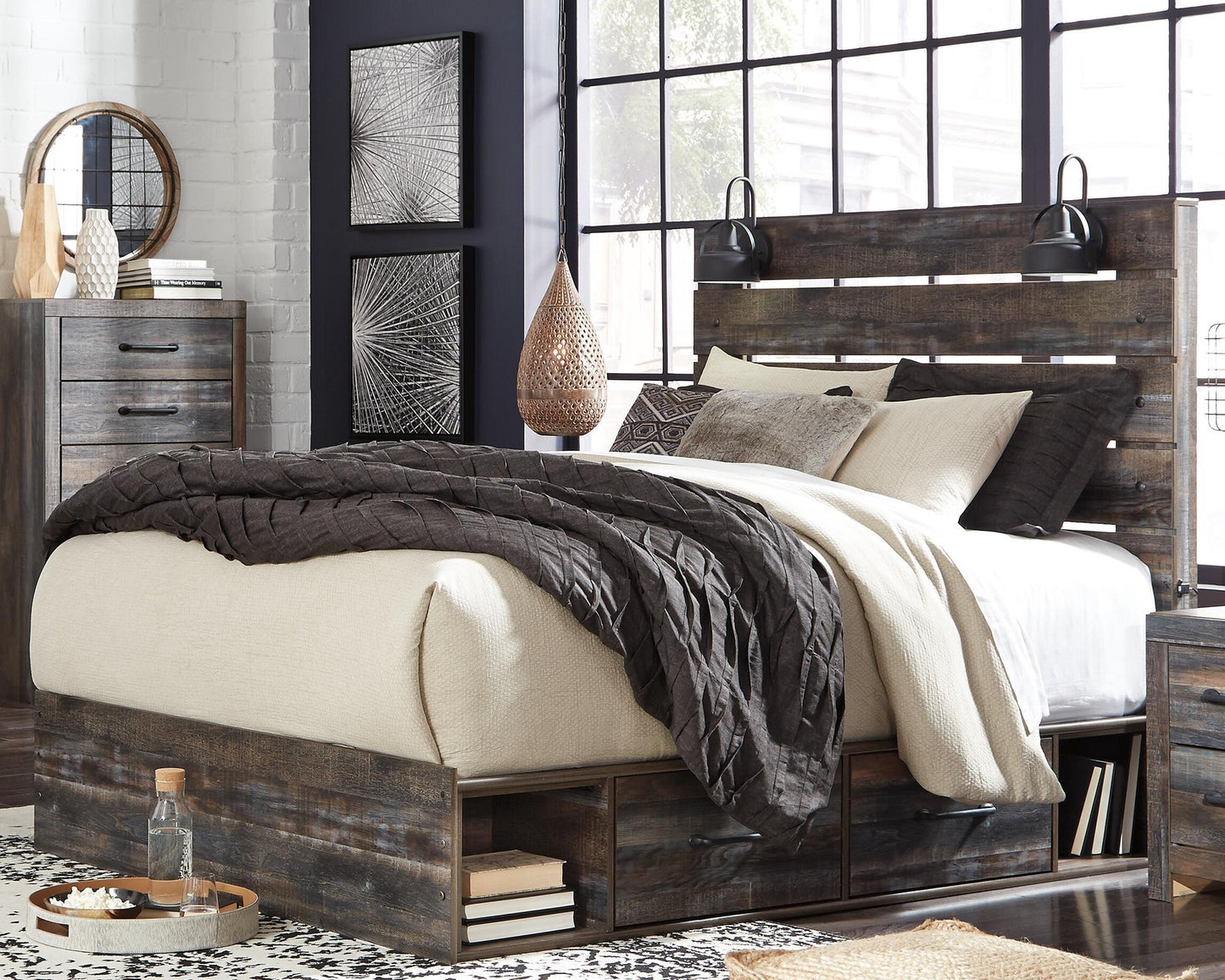 Drystan  Panel Bed With 4 Storage Drawers With Mirrored Dresser