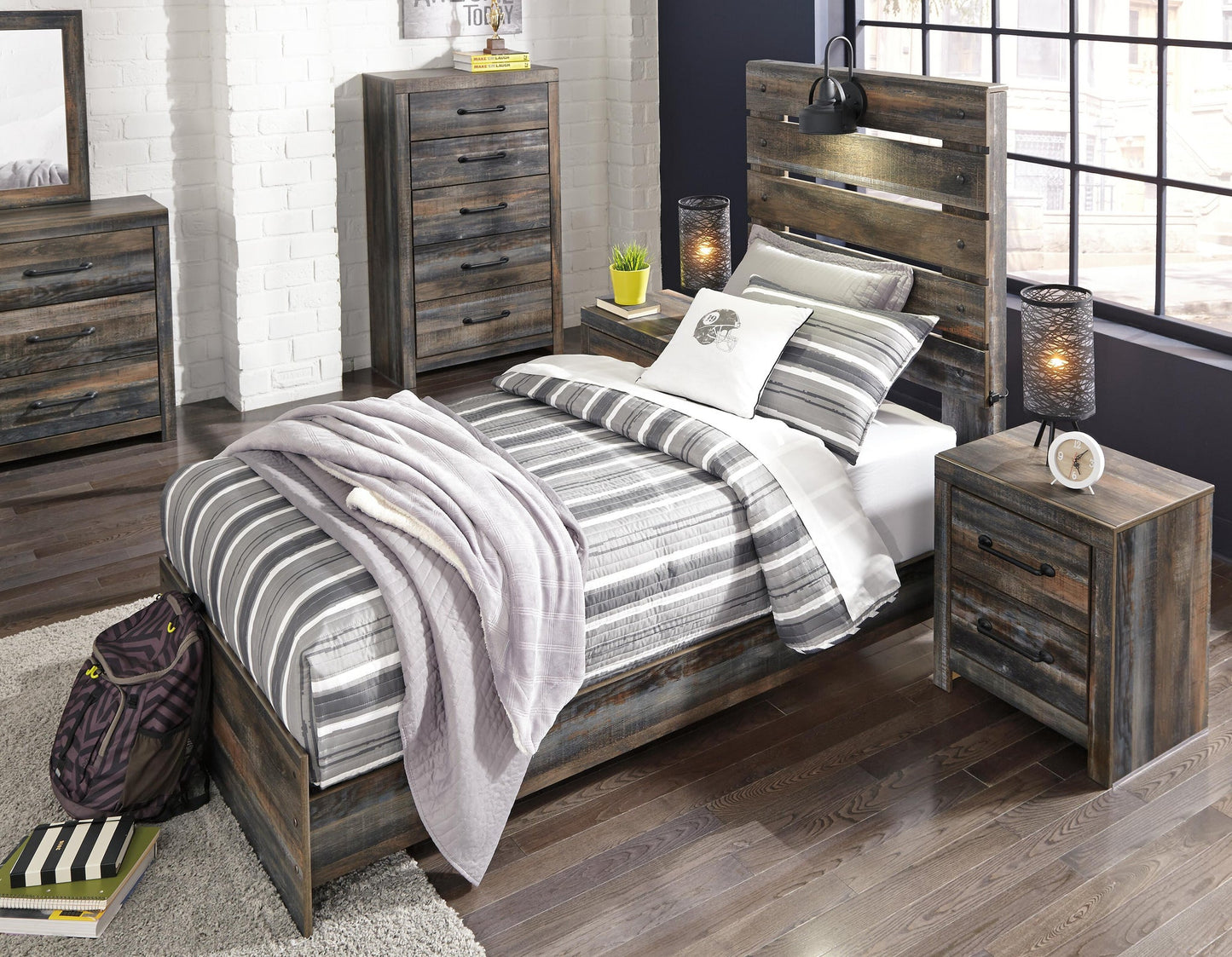 Drystan  Panel Bed, Dresser, Mirror, Chest And Nightstand