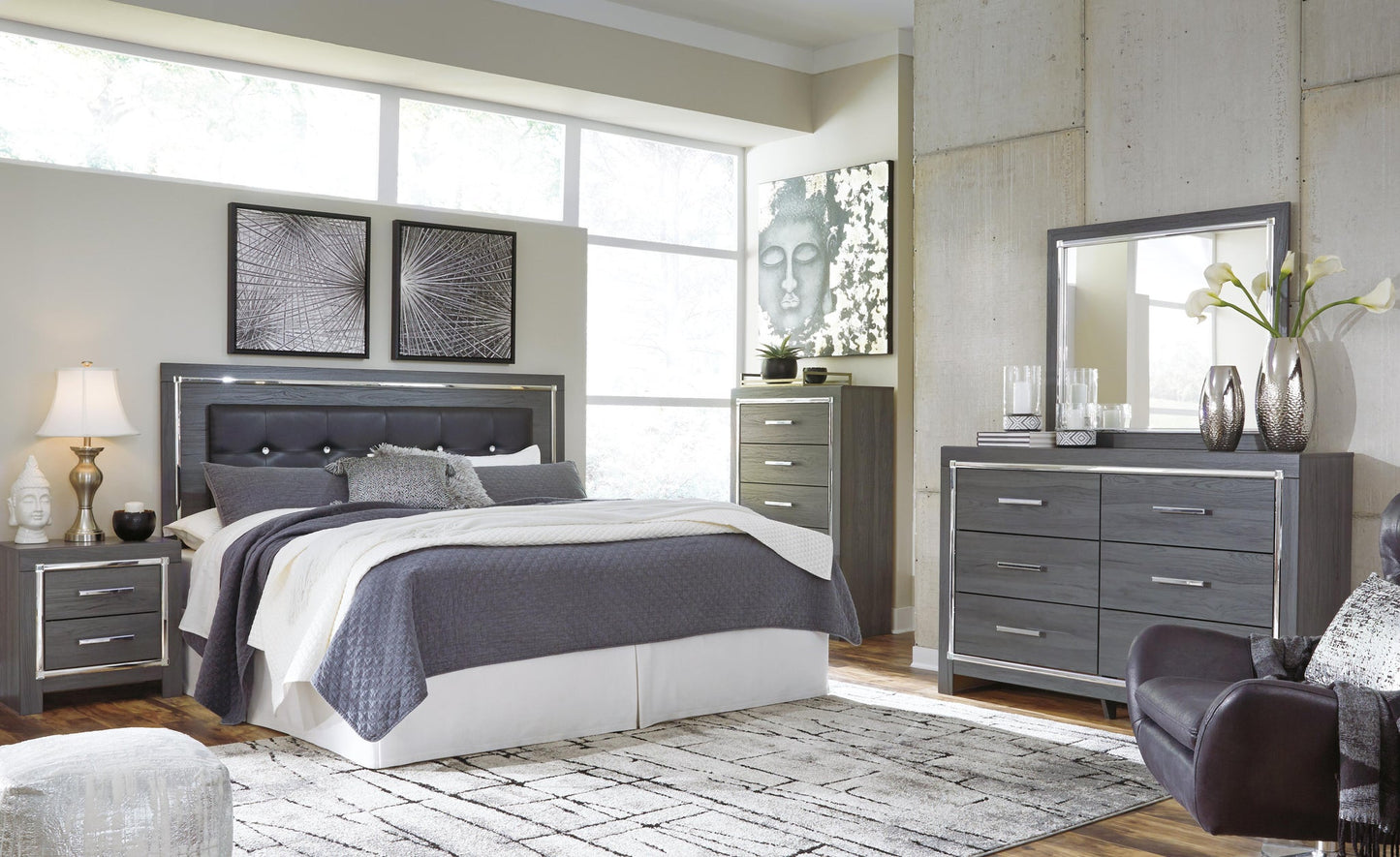 Lodanna /California King Upholstered Panel Headboard Bed With Mirrored Dresser, Chest And Nightstand