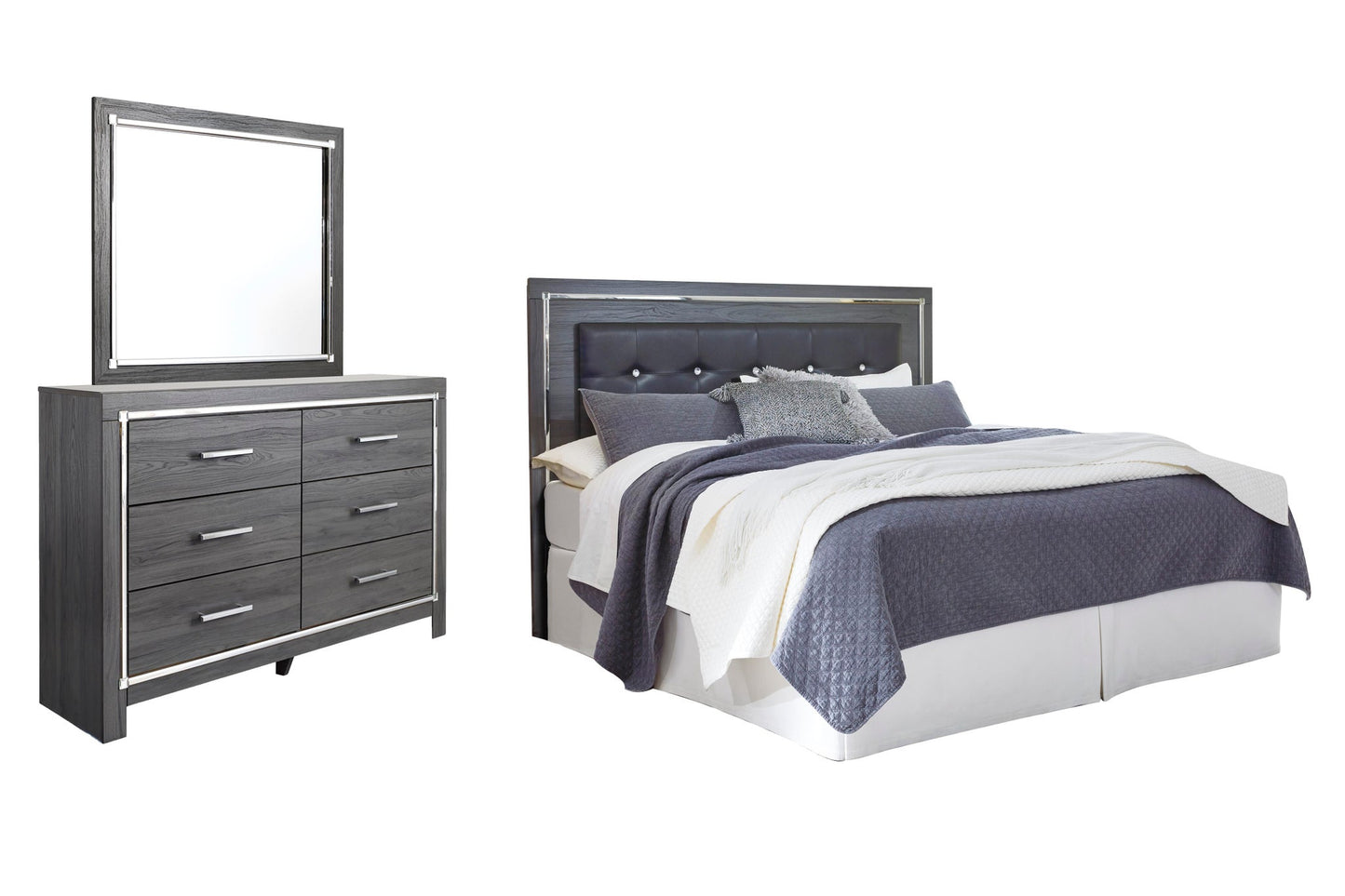 Lodanna /California King Upholstered Panel Headboard Bed With Mirrored Dresser