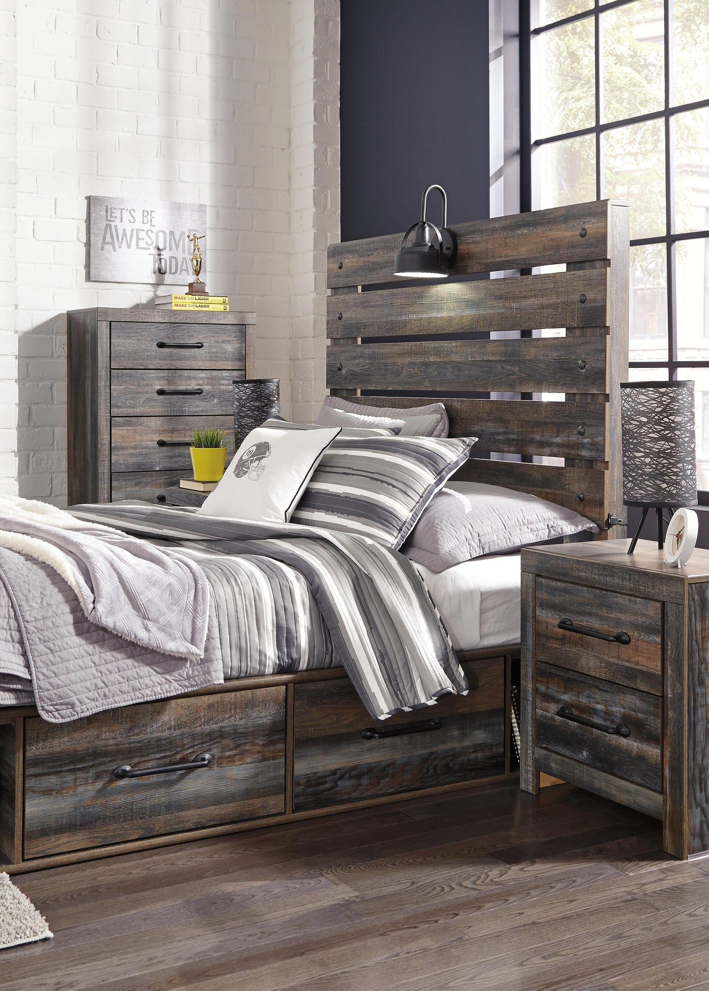 Drystan  Panel Bed With 4 Storage Drawers With Mirrored Dresser