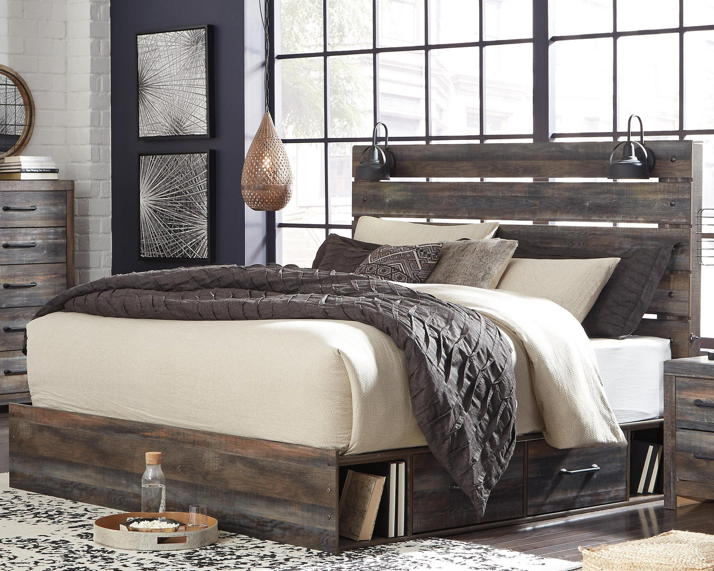 Drystan  Panel Bed With 2 Storage Drawers, Dresser, Mirror, Chest And Nightstand