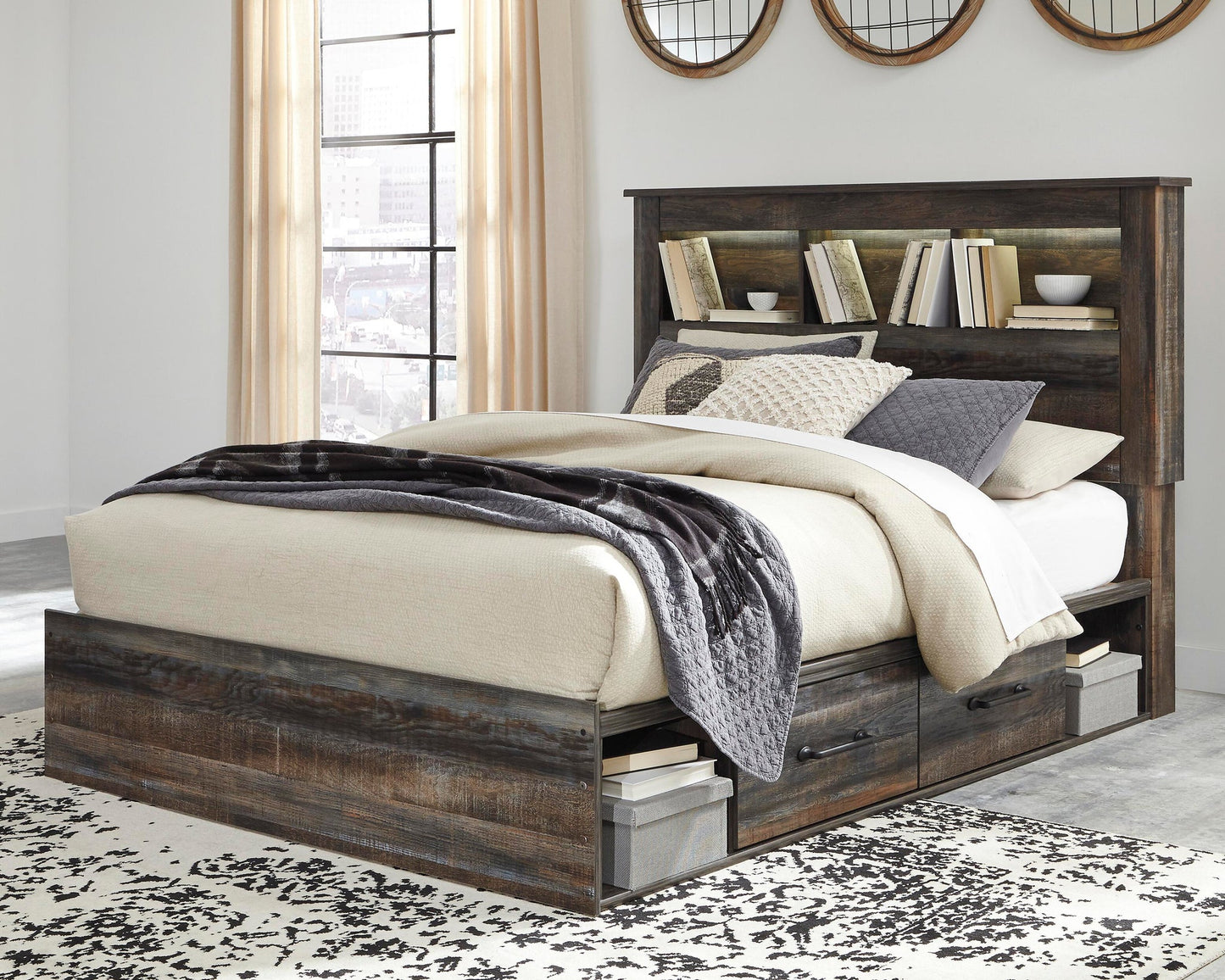 Drystan  Bookcase Bed With 2 Storage Drawers, Dresser, Mirror, Chest And Nightstand