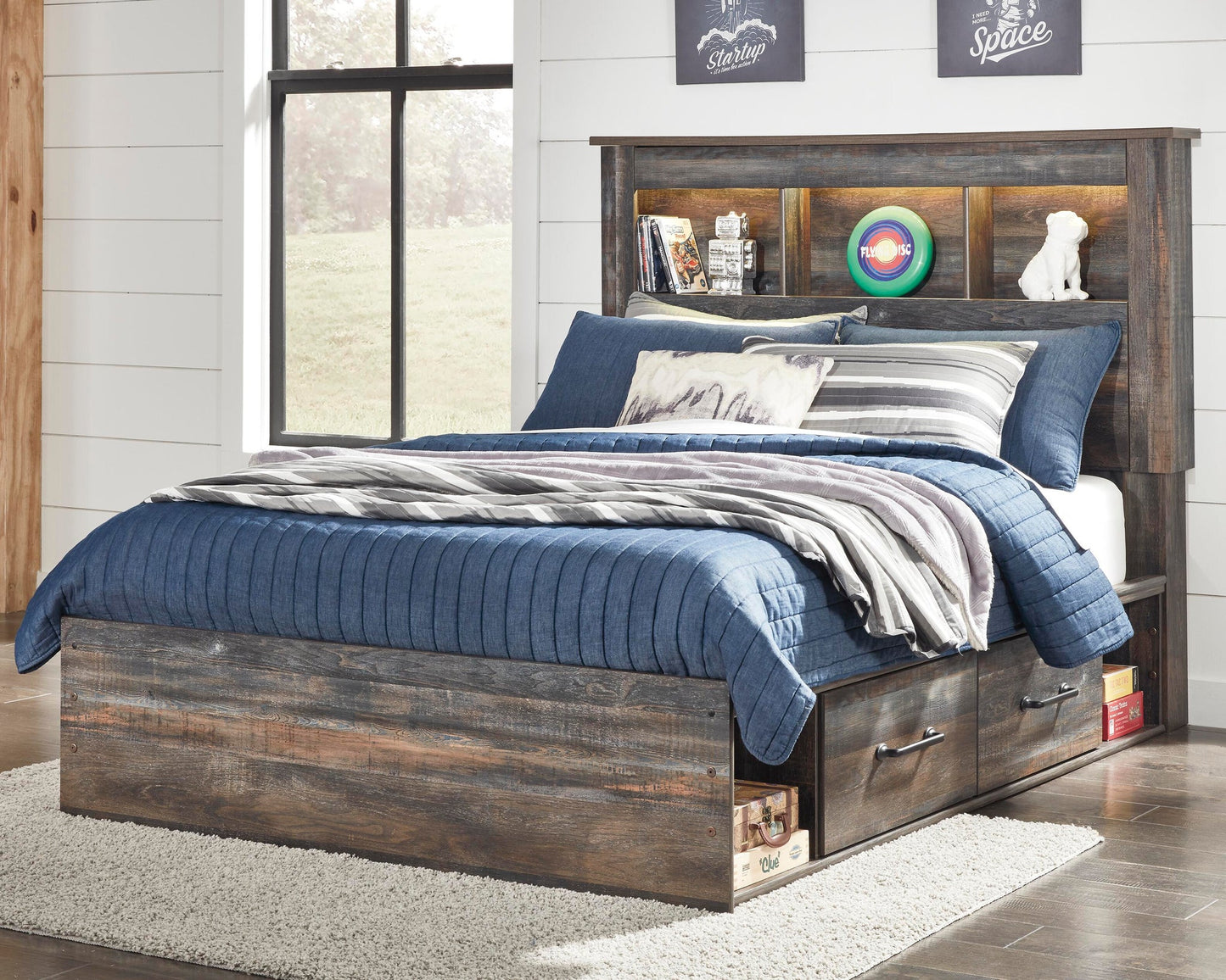 Drystan  Bookcase Bed With 4 Storage Drawers With Mirrored Dresser, Chest And Nightstand