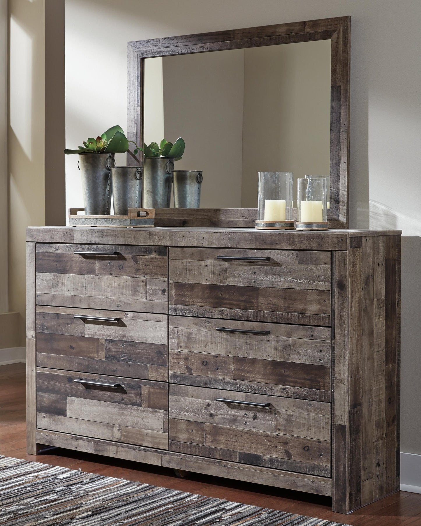 Derekson  Panel Bed With 6 Storage Drawers With Mirrored Dresser