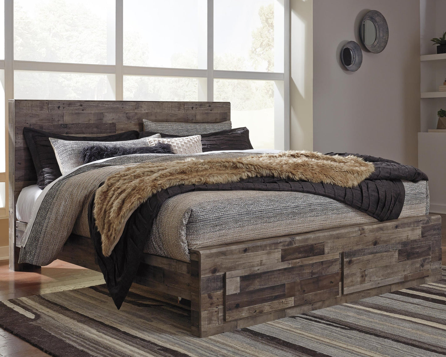 Derekson  Panel Bed With 2 Storage Drawers With Mirrored Dresser