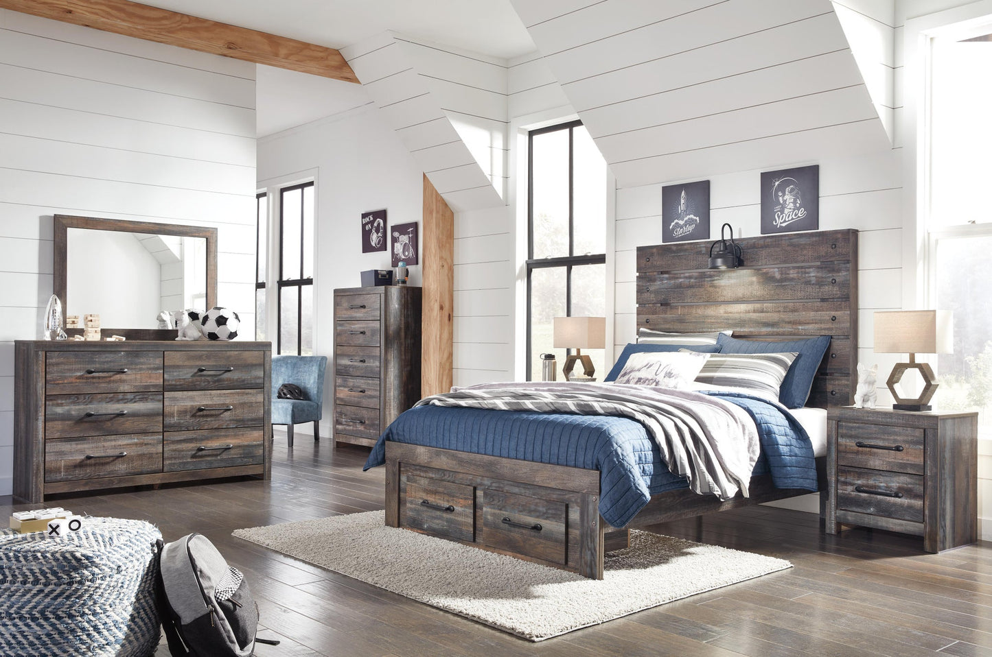 Drystan  Panel Bed With 2 Storage Drawers With Mirrored Dresser, Chest And Nightstand