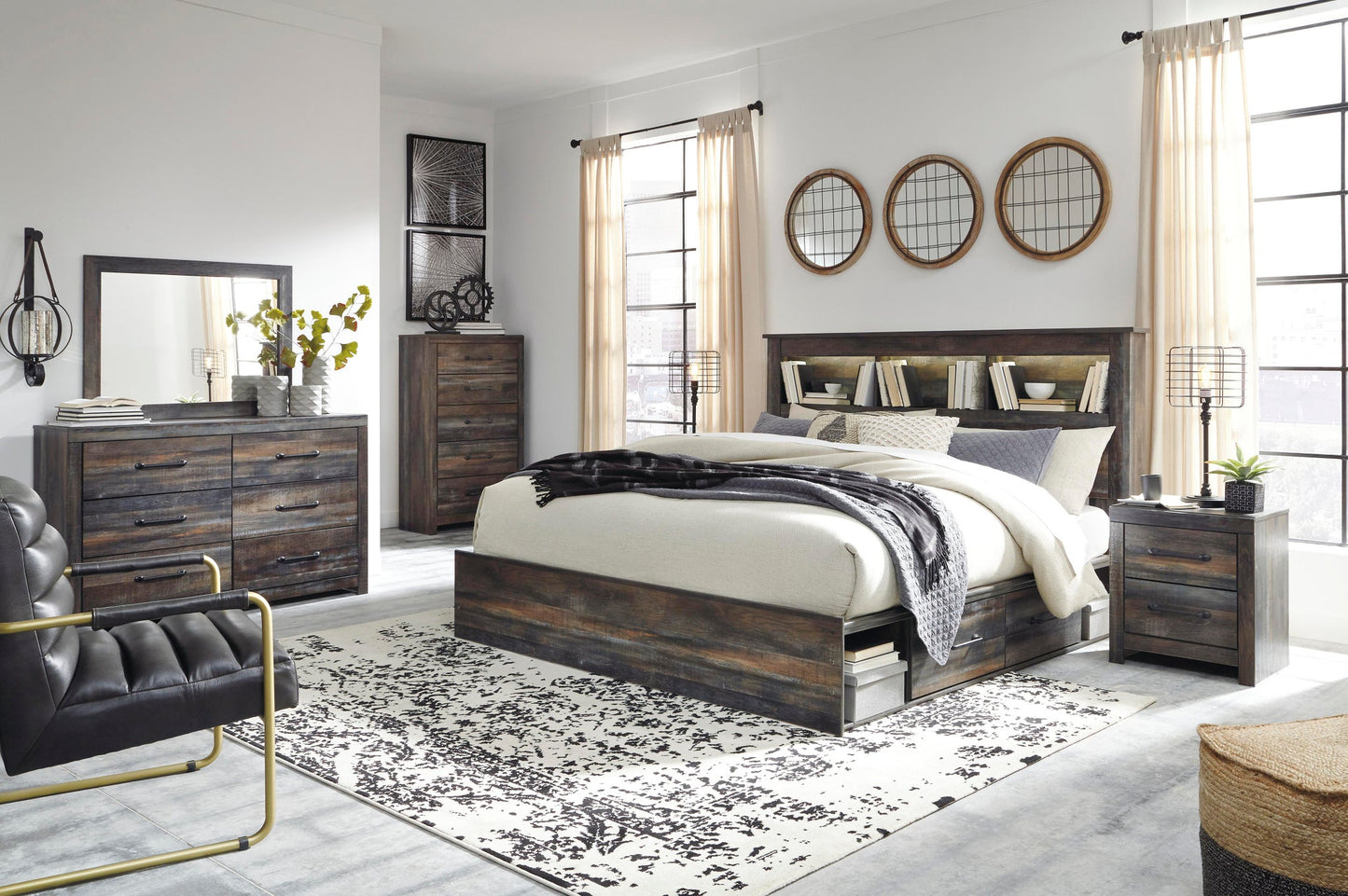 Drystan  Bookcase Bed With 2 Storage Drawers With Mirrored Dresser, Chest And Nightstand