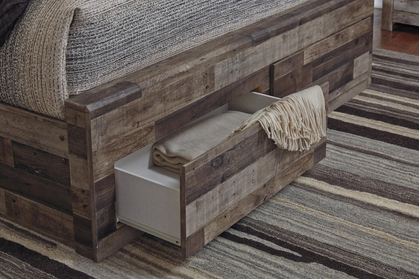 Derekson  Panel Bed With 6 Storage Drawers With Mirrored Dresser, Chest And Nightstand