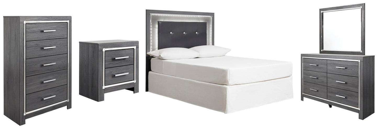 Lodanna  Upholstered Panel Headboard Bed With Mirrored Dresser, Chest And Nightstand
