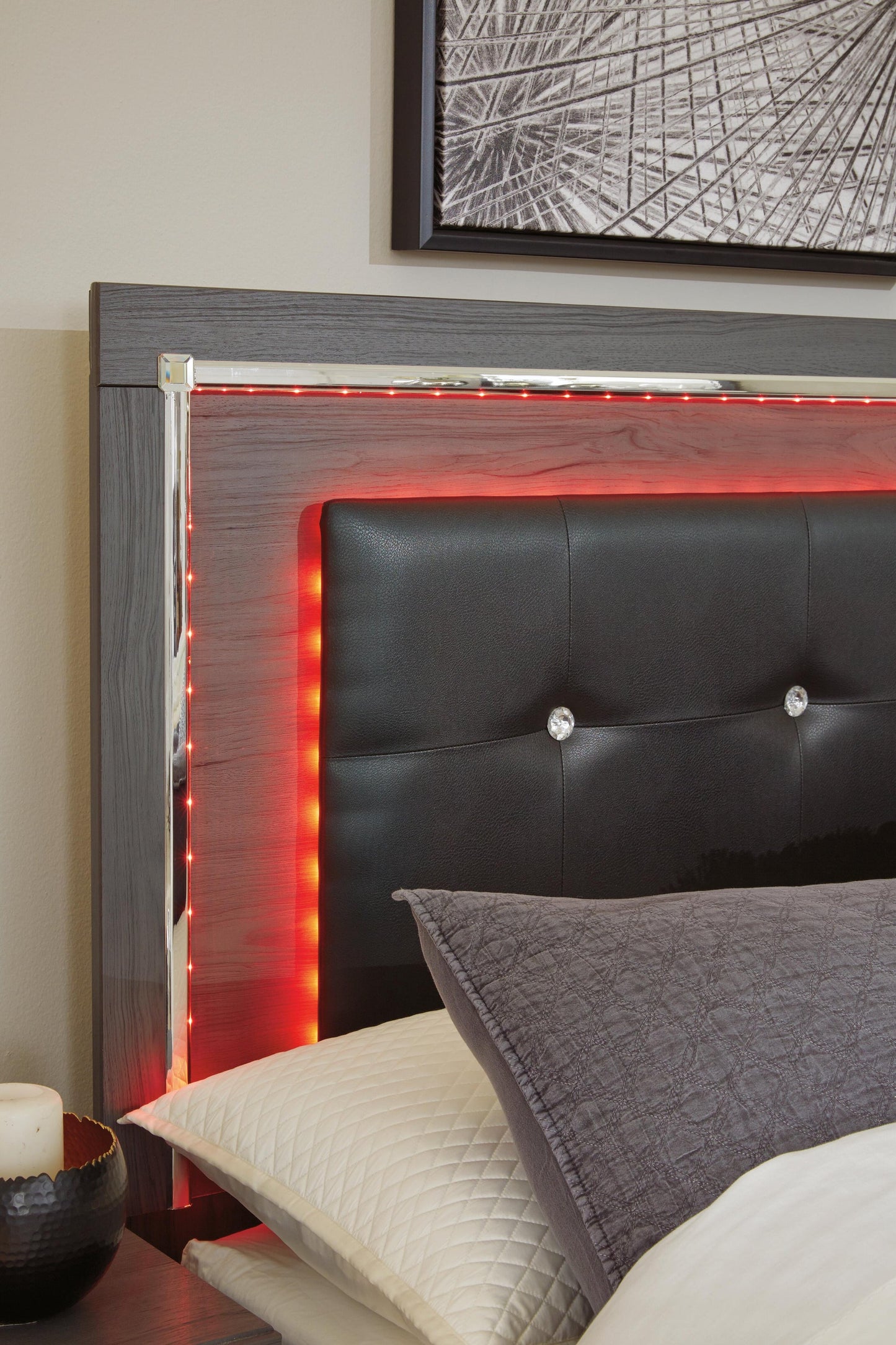 Lodanna  Upholstered Panel Headboard Bed With Mirrored Dresser, Chest And Nightstand