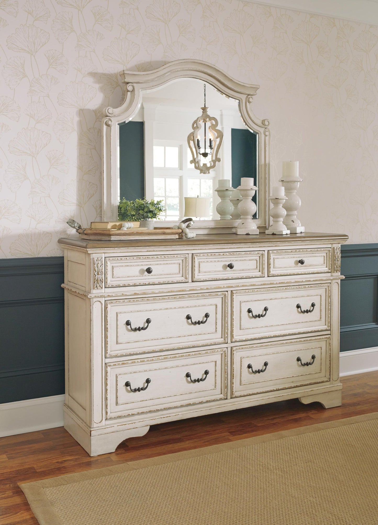 Realyn California  Upholstered Panel Bed With Mirrored Dresser