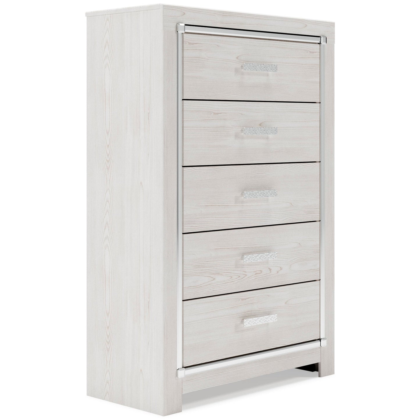 Altyra  Bookcase Headboard Bed With Mirrored Dresser, Chest And Nightstand