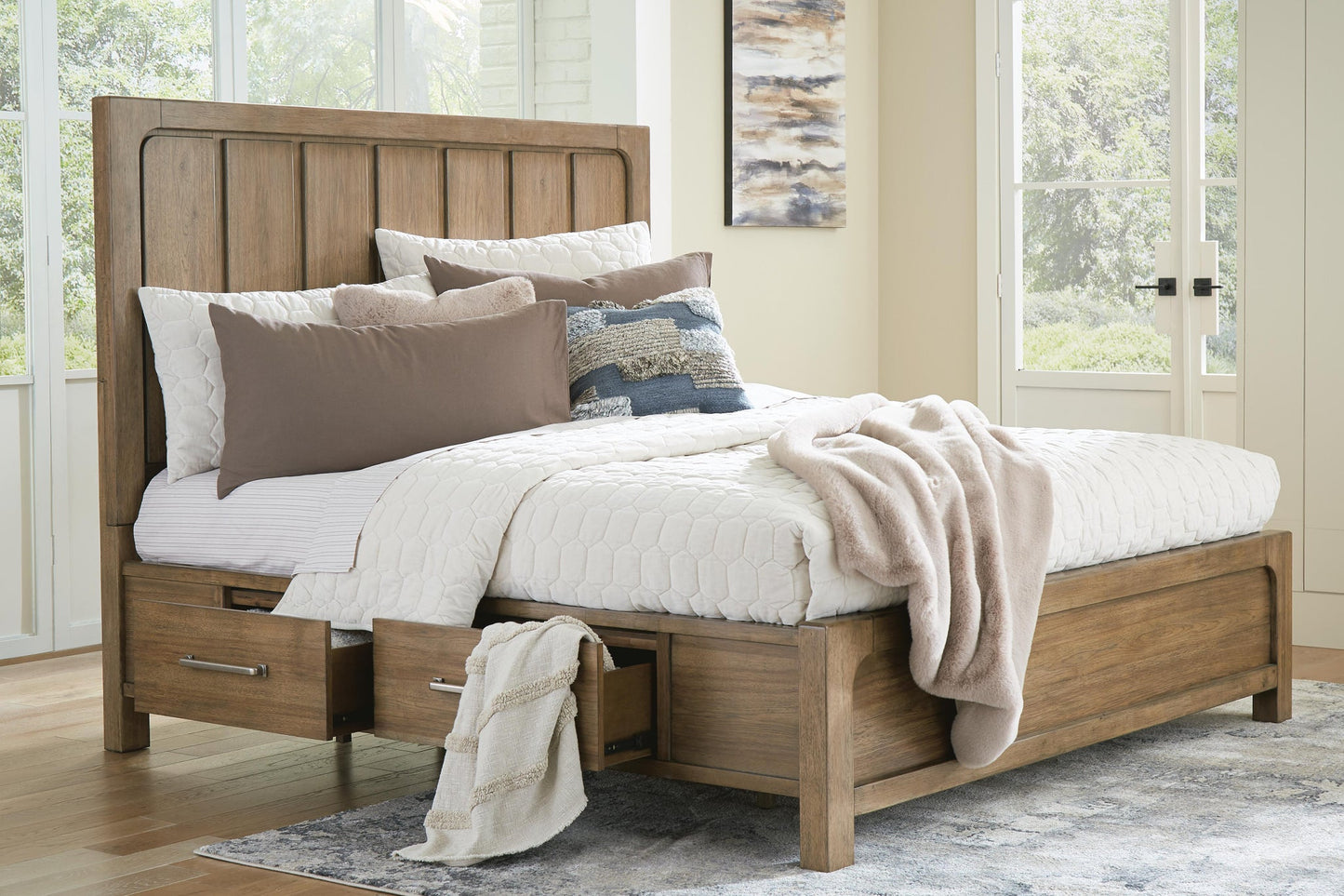 Cabalynn  Panel Bed With Storage With Mirrored Dresser