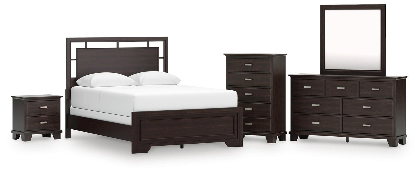 Covetown  Panel Bed, Dresser, Mirror, Chest And Nightstand