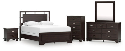 Covetown  Panel Bed, Dresser, Mirror, Chest And Nightstand