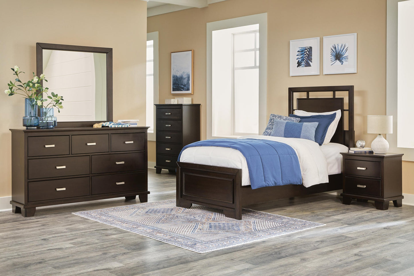 Covetown  Panel Bed, Dresser, Mirror, Chest And Nightstand