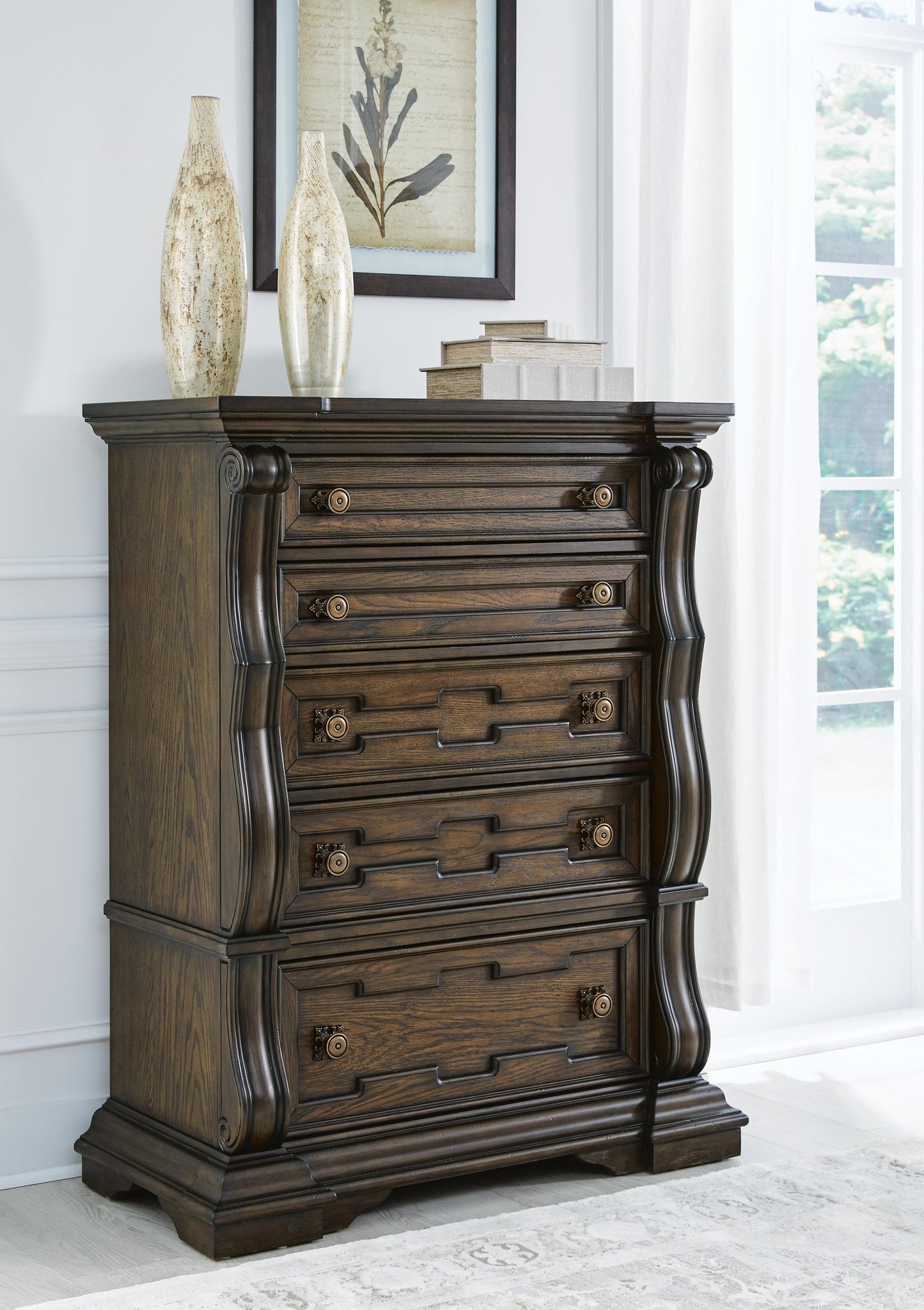 Maylee  Upholstered Bed, Dresser, Mirror, Chest And Nightstand