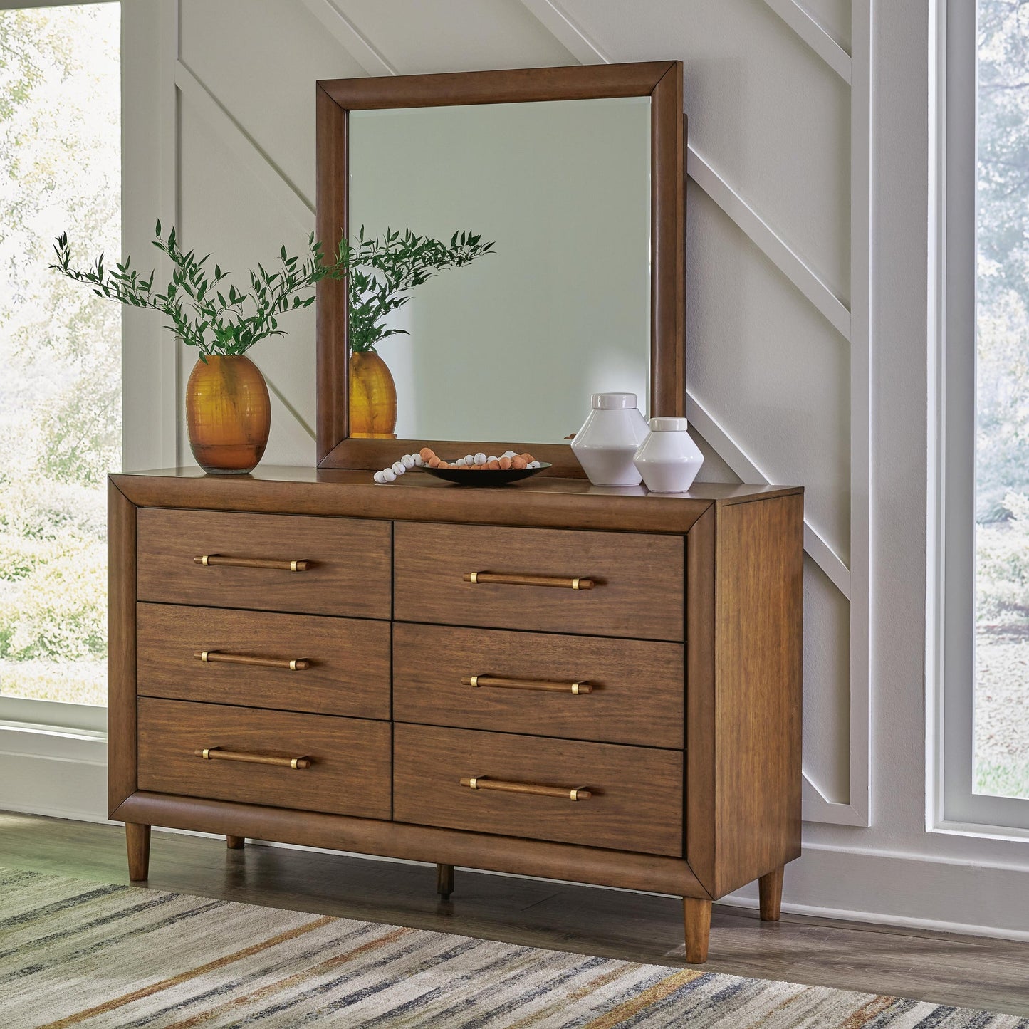 Lyncott  Upholstered Bed With Mirrored Dresser