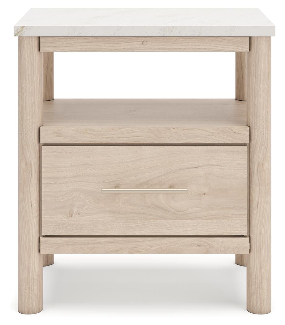 Cadmori  Upholstered Panel Bed With Mirrored Dresser, Chest And Nightstand