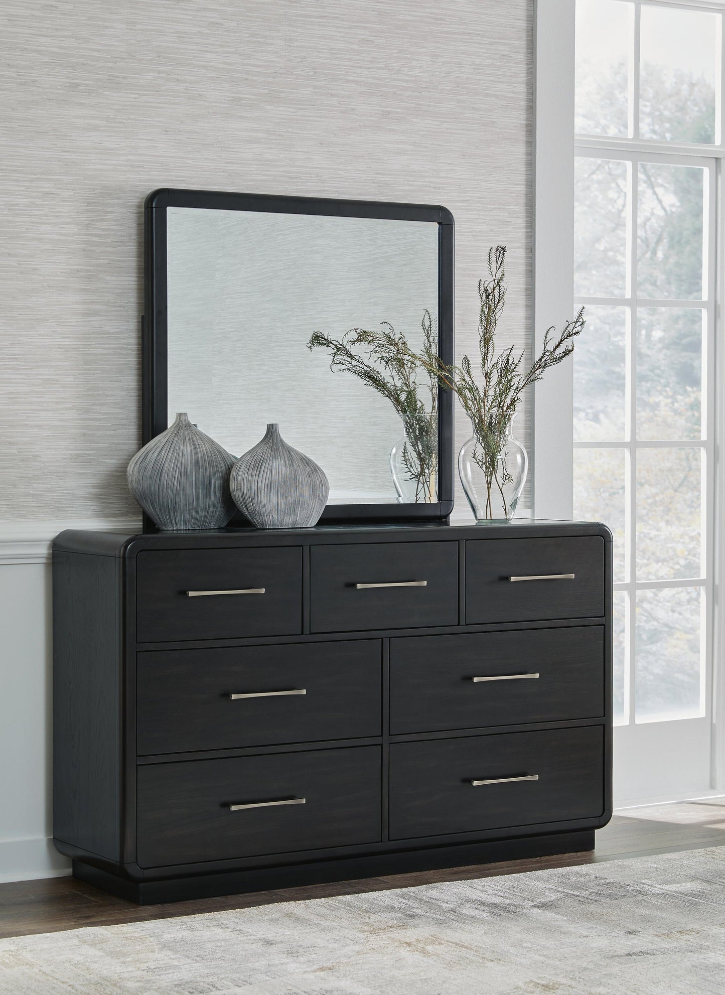 Rowanbeck California  Upholstered Panel Bed, Dresser, Mirror, Chest And Nightstand