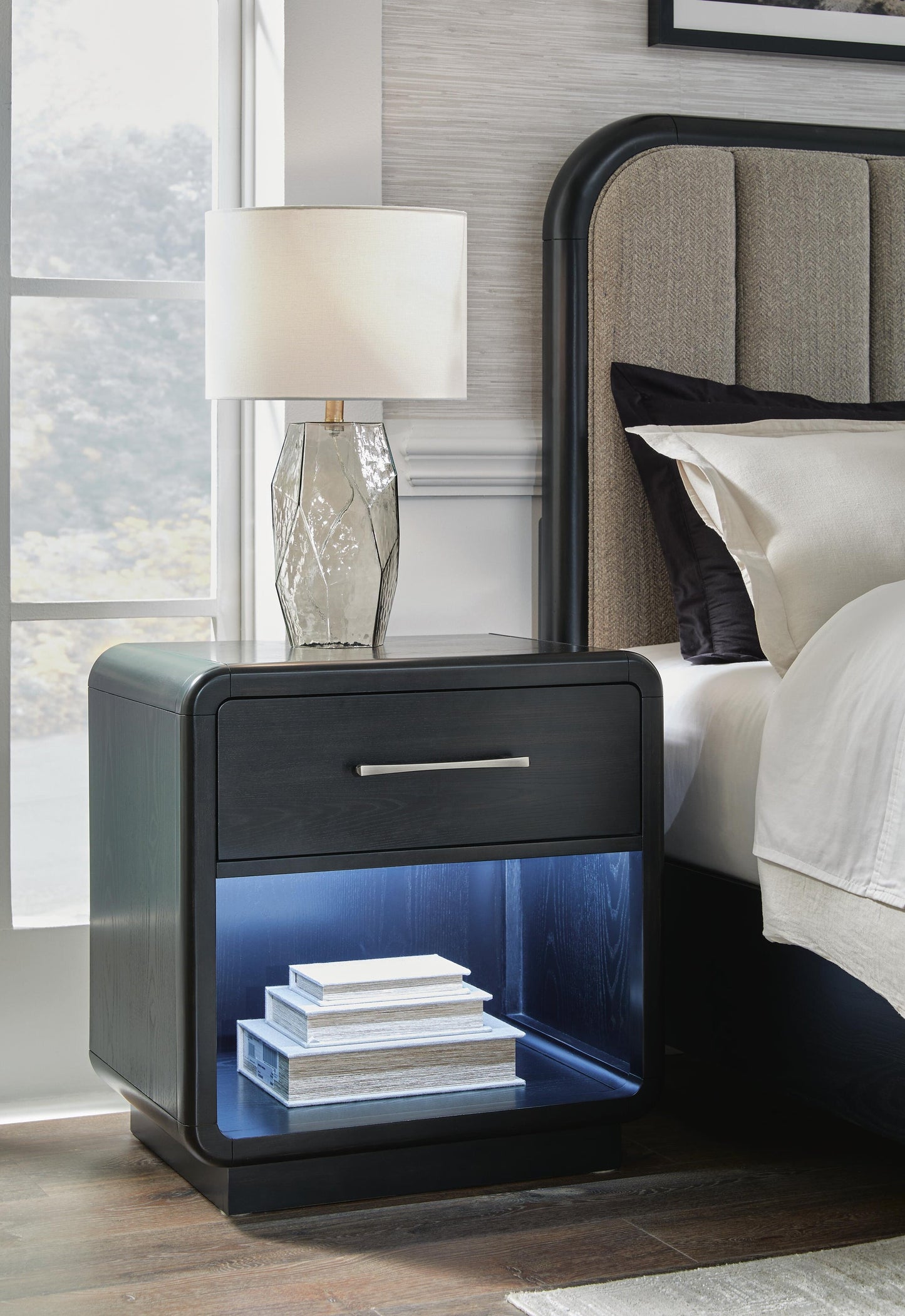 Rowanbeck California  Upholstered Panel Bed, Dresser, Mirror, Chest And Nightstand