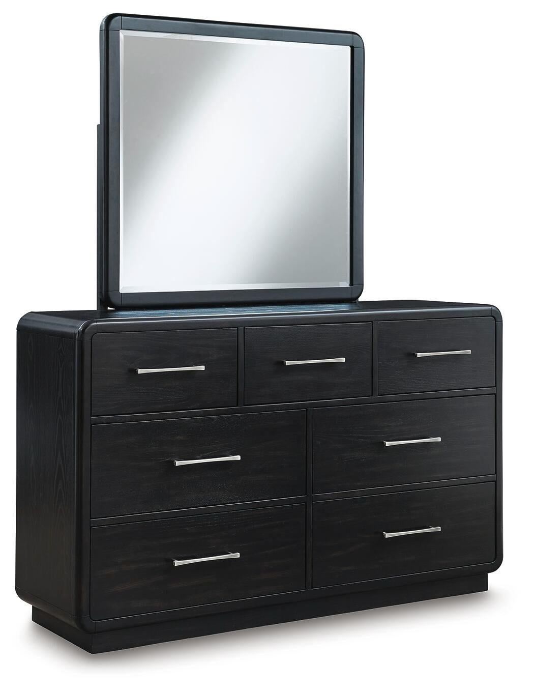 Rowanbeck California  Upholstered Panel Bed, Dresser, Mirror And Nightstand