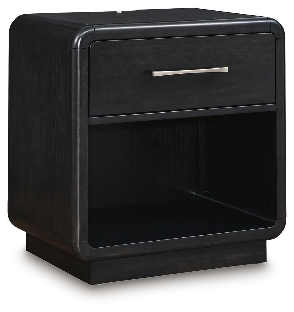 Rowanbeck California  Upholstered Panel Bed, Dresser, Mirror And Nightstand