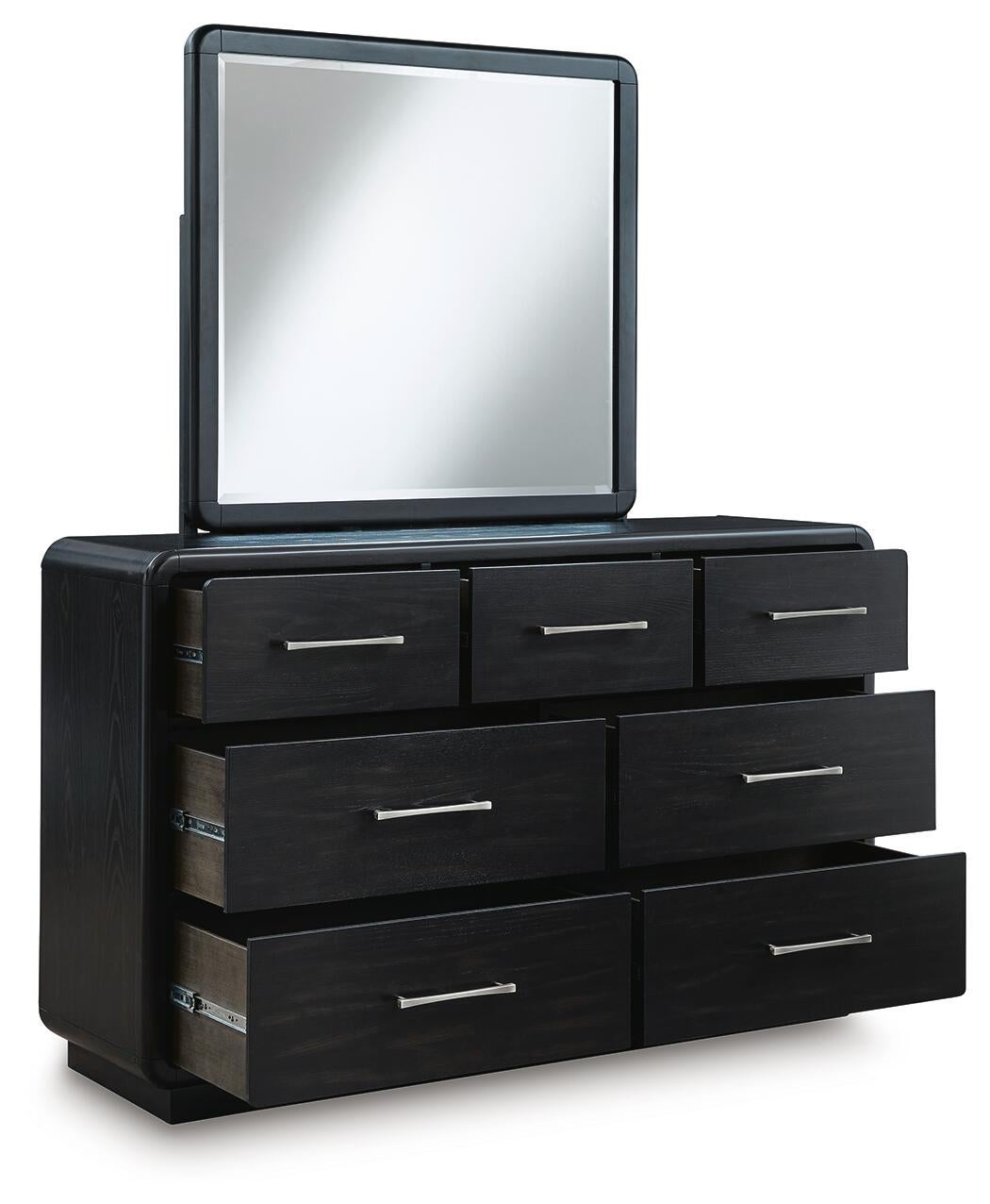 Rowanbeck California  Upholstered Panel Bed With Mirrored Dresser