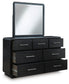 Rowanbeck California  Upholstered Panel Bed With Mirrored Dresser