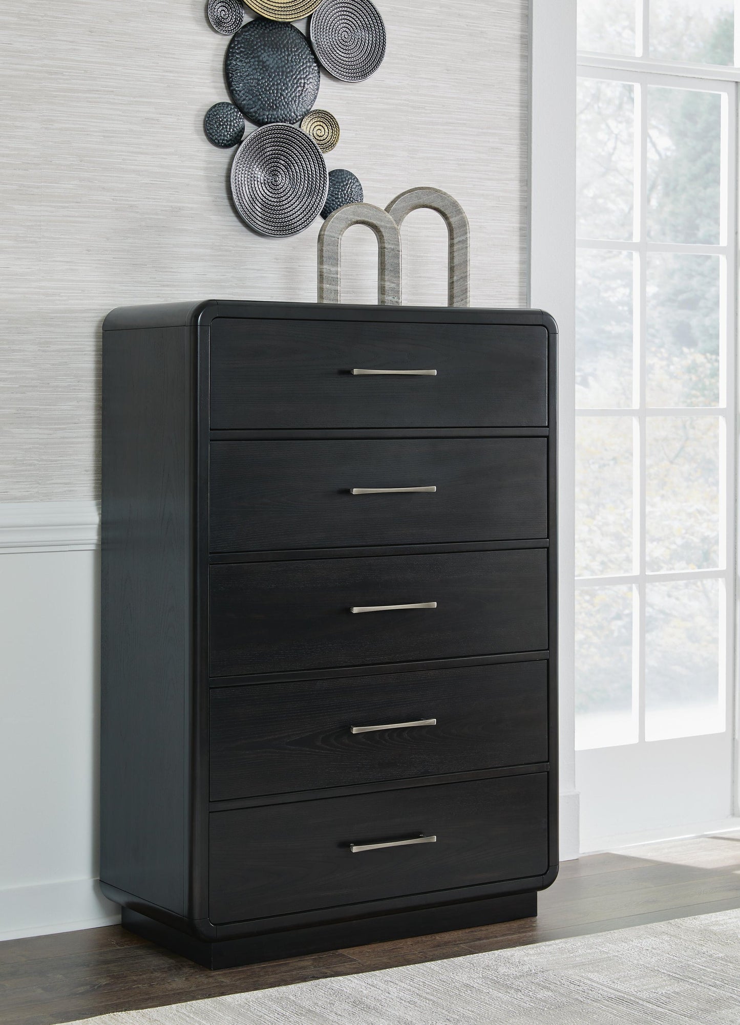 Rowanbeck  Upholstered Panel Bed, Dresser, Mirror, Chest And Nightstand