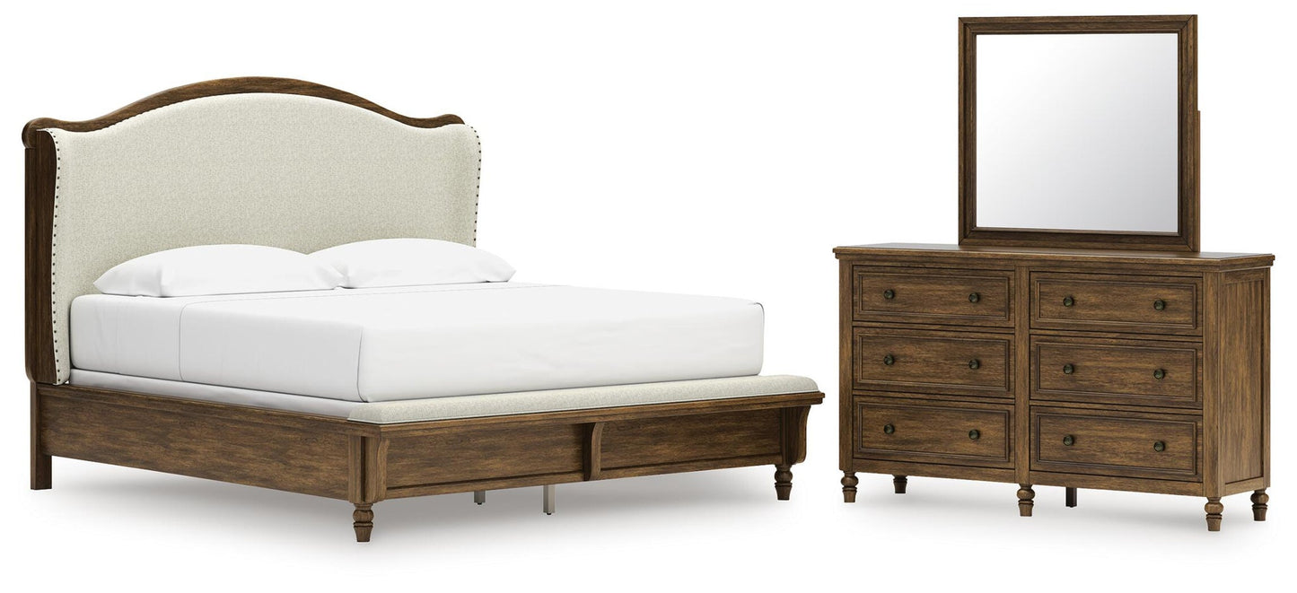 Sturlayne  Upholstered Panel Bed, Dresser And Mirror