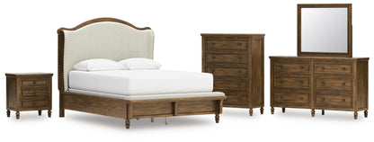 Sturlayne  Upholstered Panel Bed, Dresser, Mirror, Chest And Nightstand