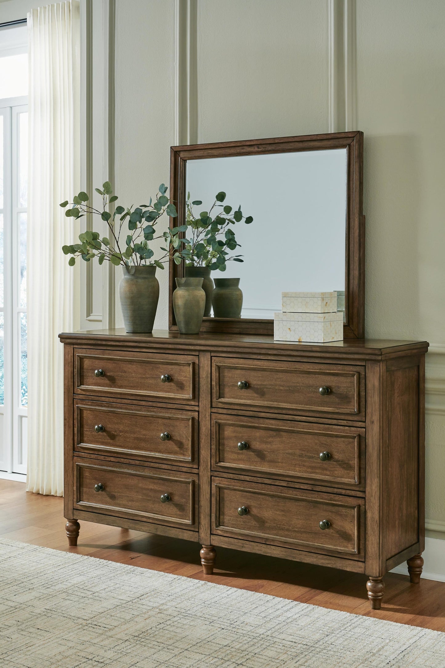 Sturlayne California  Upholstered Panel Bed, Dresser, Mirror, Chest And Nightstand