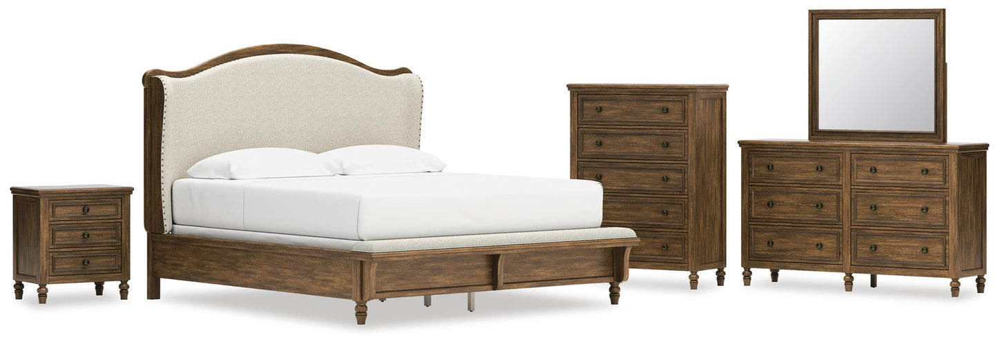 Sturlayne  Upholstered Panel Bed, Dresser, Mirror, Chest And Nightstand