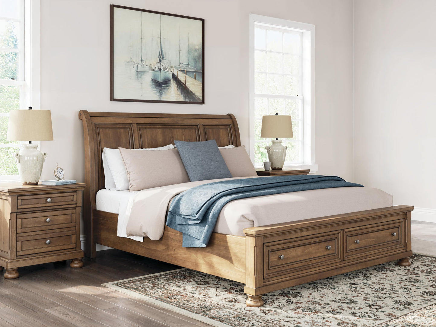 Vandenmore California  Storage Sleigh Bed With Mirrored Dresser, Chest And Nightstand
