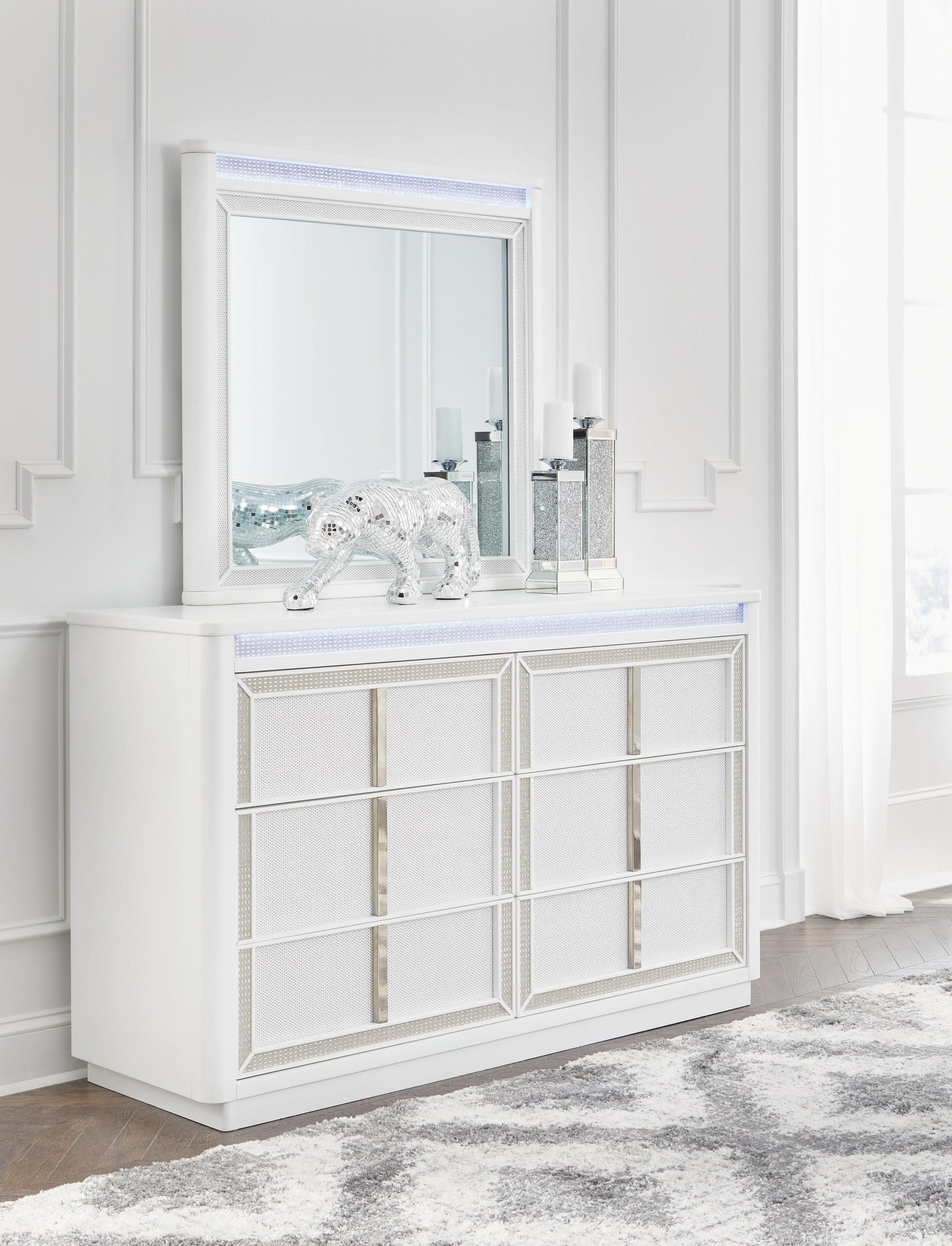 Chalanna California  Upholstered Storage Bed, Dresser, Mirror, Chest And Nightstand
